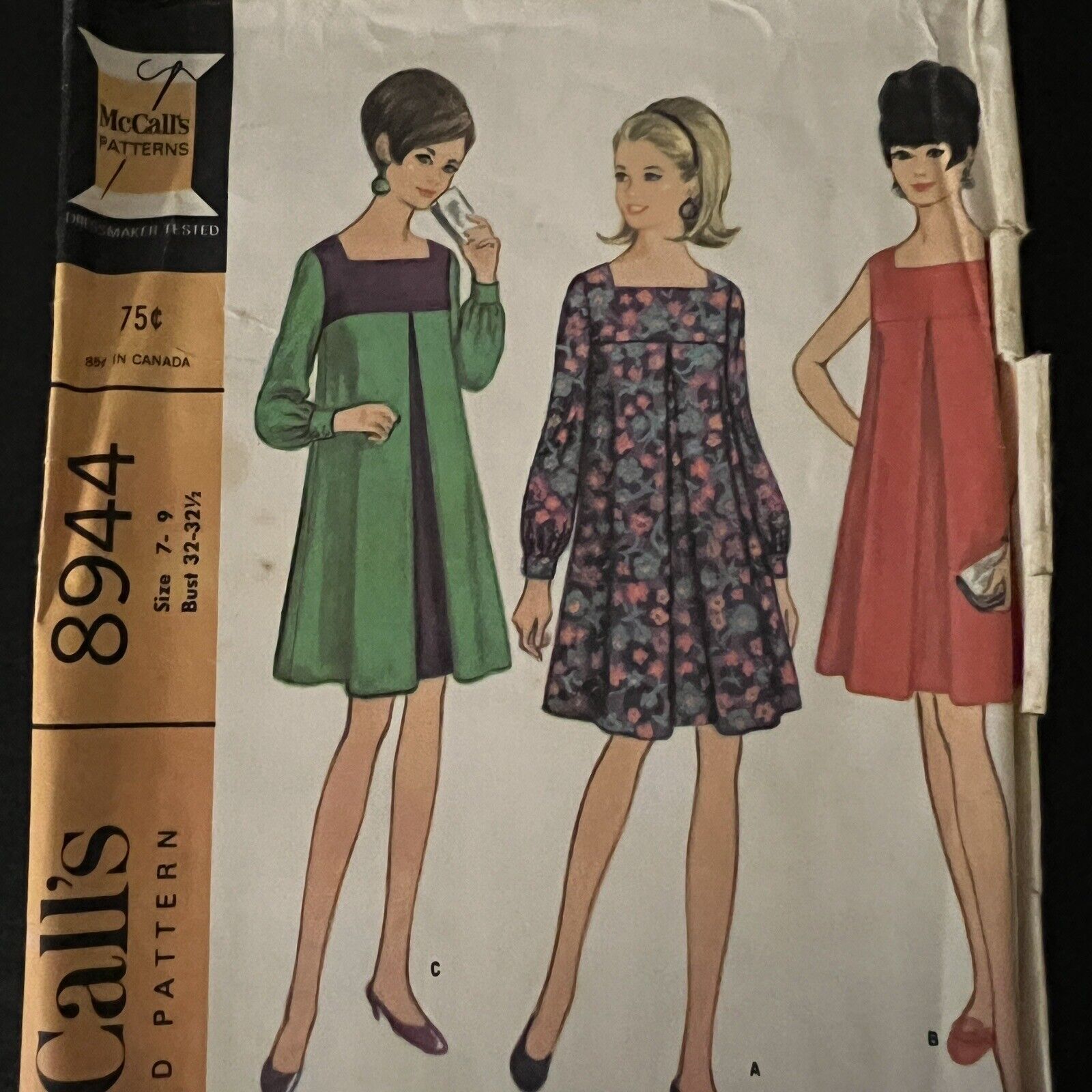 vintage 1960s McCalls 8944 Mod Inverted Pleat Tent Dress Sewing Pattern 7/9 CUT