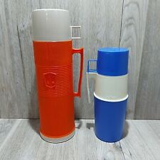 Vintage Thermos Vacuum Bottles Intact W/ Caps and Cups P-15 Blue 24F Orange picture