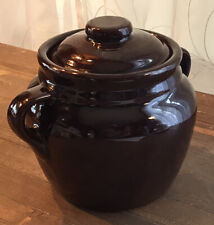 Vintage USA Stoneware Pottery Double Handled Bean Pot With Lid Brown picture