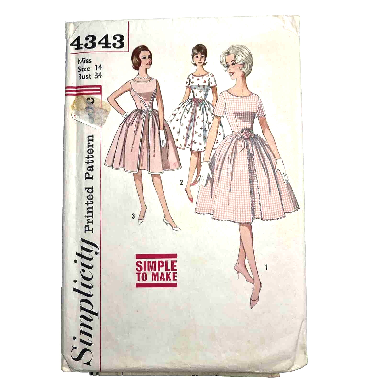Simplicity 4343 Bateau Neck 60s Dress Full Skirt Inverted Pleats Sz 14 Bust 34